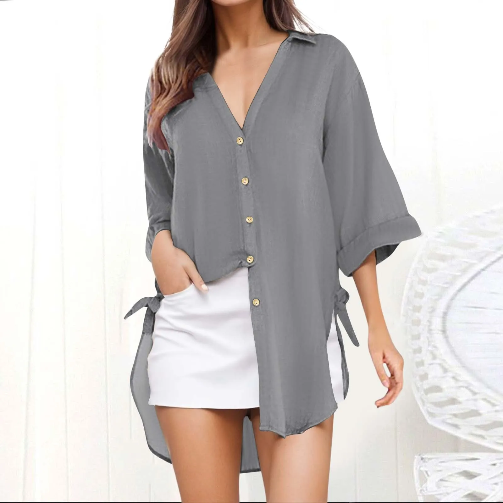 Women\'s Blouse Cotton Shirt Summer Solid V Neck Loose Casual Tops Casual Cover-ups Fashion Long Sleeves Tunics Female Clothing