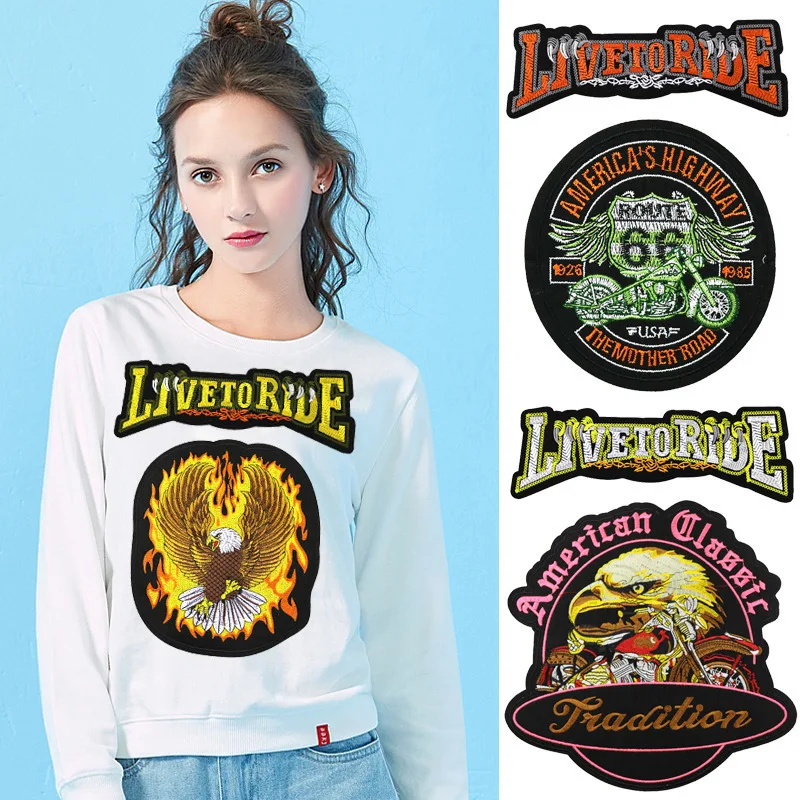 Eagle Paw Live to Ride Skull Embroidery Patches for Clothing Iron on Biker Motorcycle Applique Stripe Sticker Clothes Decorate