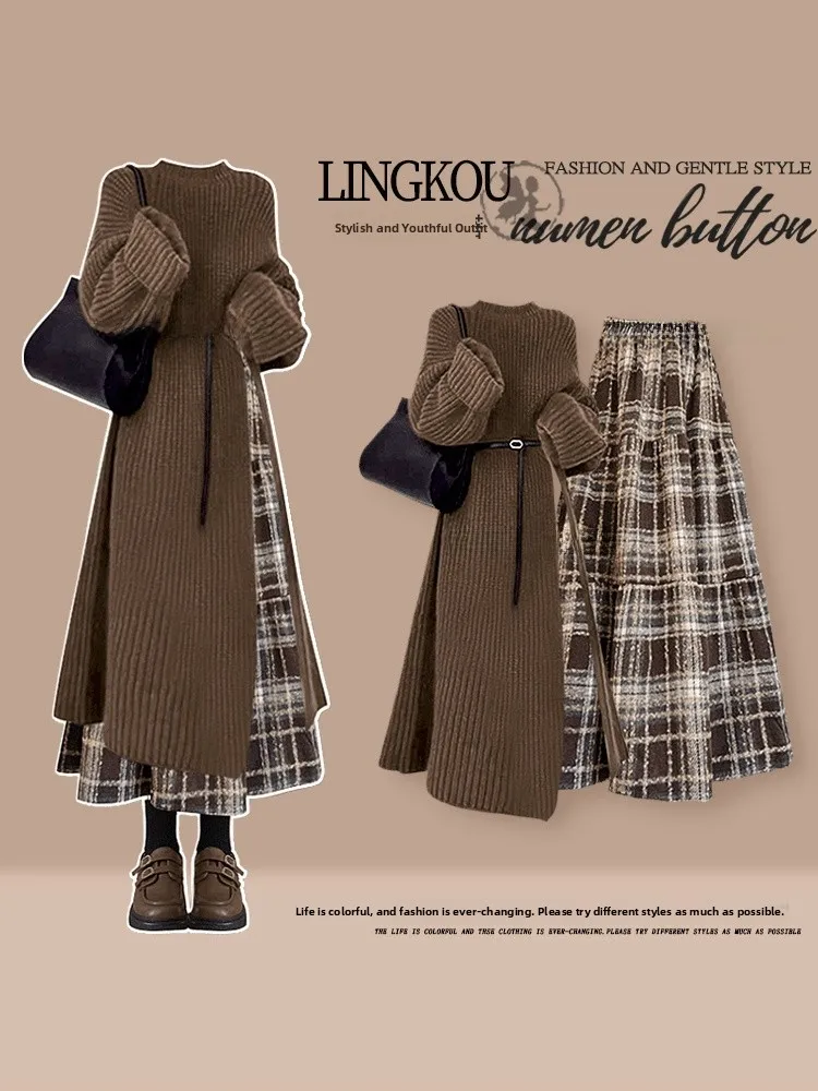 

Large Size Autumnal Mermaid Knitted Sweater And Plaid Skirt Set Women's Anti-Aging Mid-Length Two-Piece Ensemble