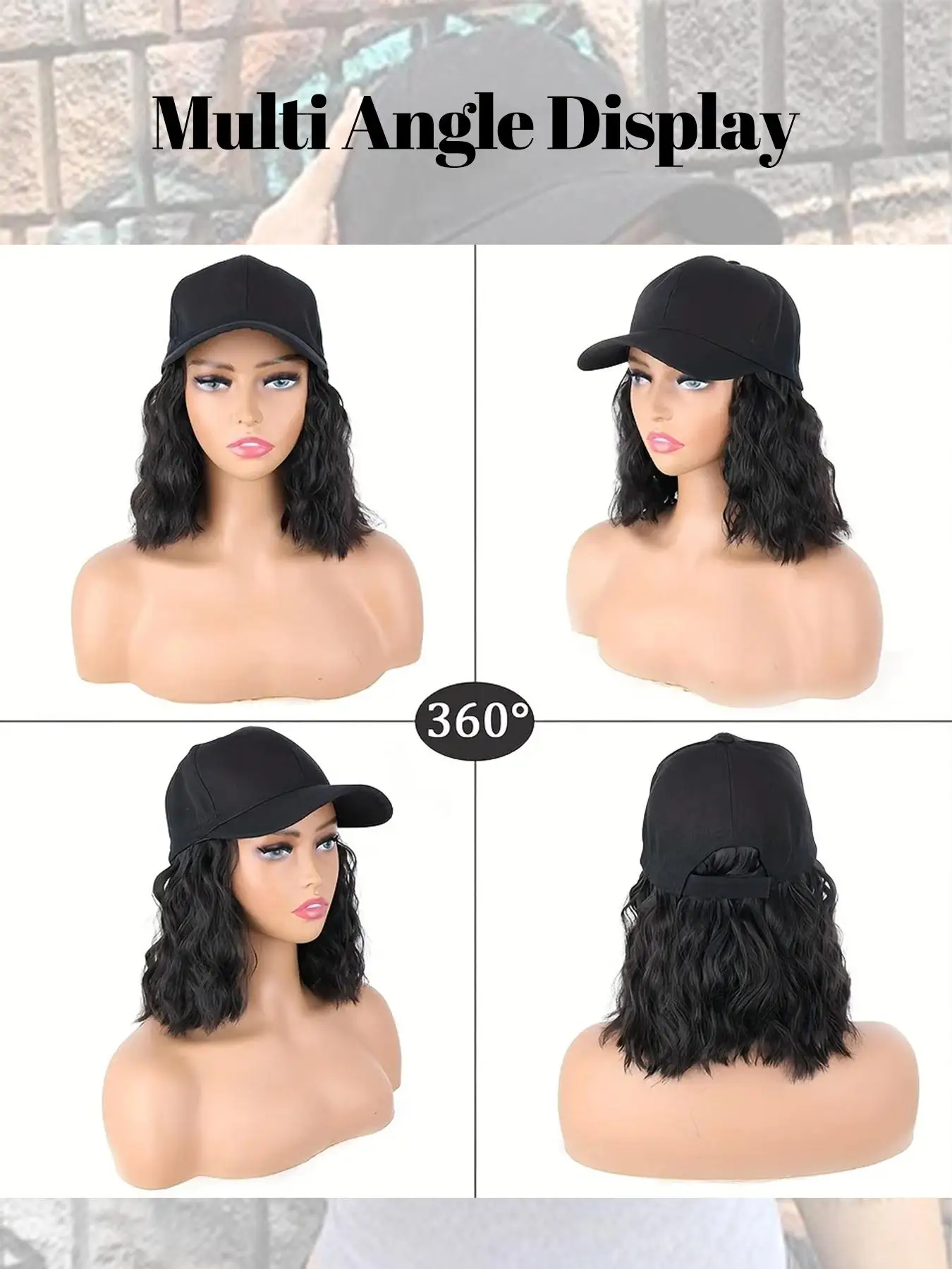 OLACARE Long Synthetic Fluffy Curly Wave Hair Wigs With Hat Baseball Cap Naturally Connect Adjustable Hat Wig For Women