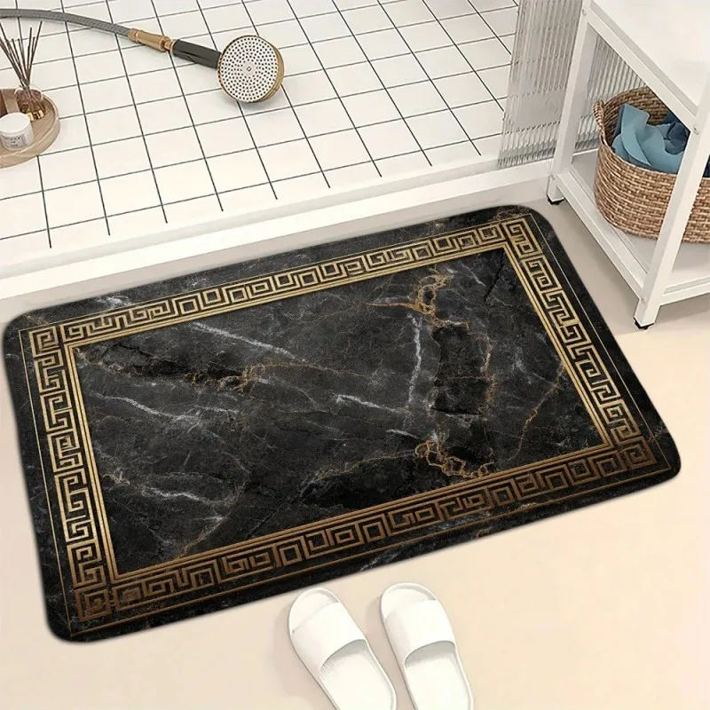 Black Gold Marble Doormat Greek Key Border Luxury Pattern Print Indoor Outdoor Entryway Bathroom Decor Welcome Front Mat