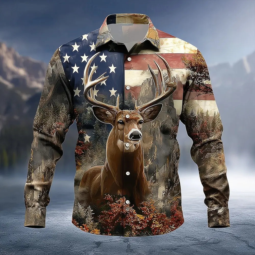 

Men's Reindeer Camouflage US Flag Shirt Fashion 3D Printed Shirt Button Up Shirt Casual Long Sleeve Shirt Street Blouse For Mens