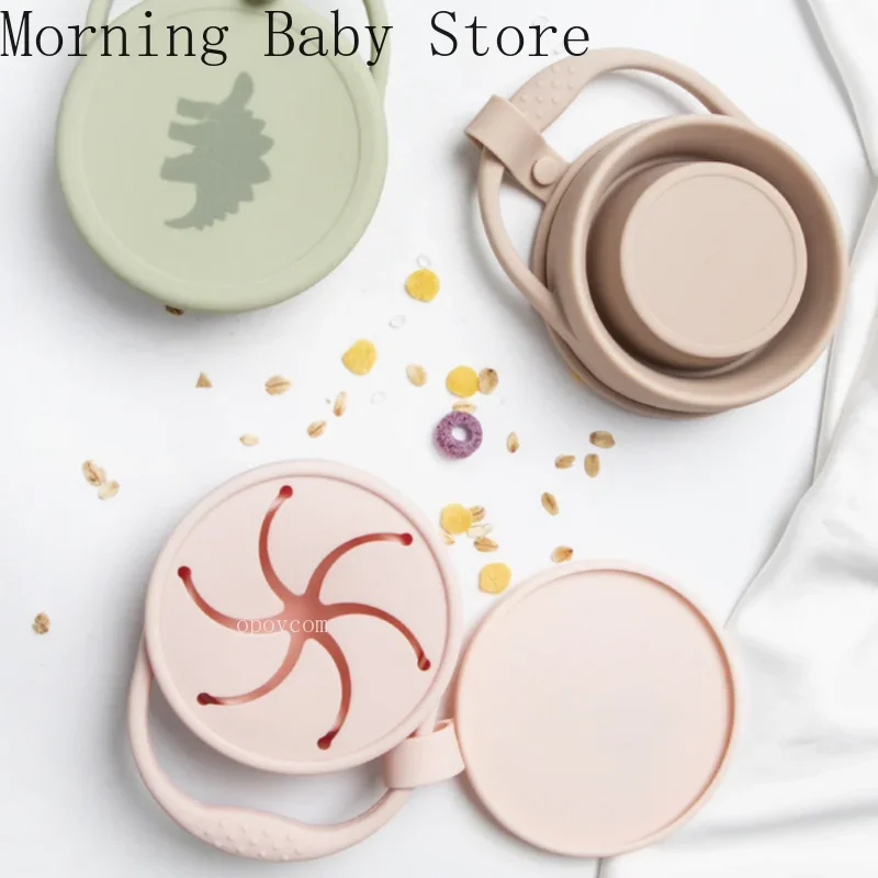 Cartoon Little Rabbit Printing Snack Bowl with Lid Foldable Anti-spray Baby Silicone Snack Cup Portable Baby Food Supplement Box