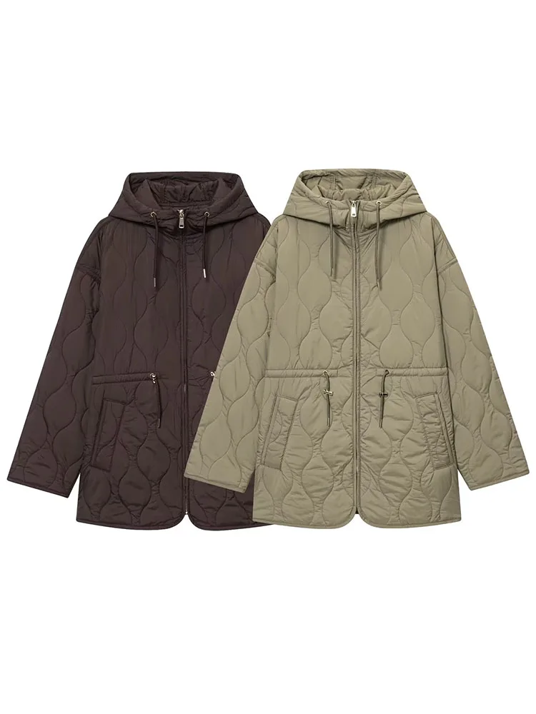 

HH Woman Winter Long Sleeves Drawstring Pocket Decoration Zipper Hooded Cotton Clothes Female Casual Street Style Cotton Jacket