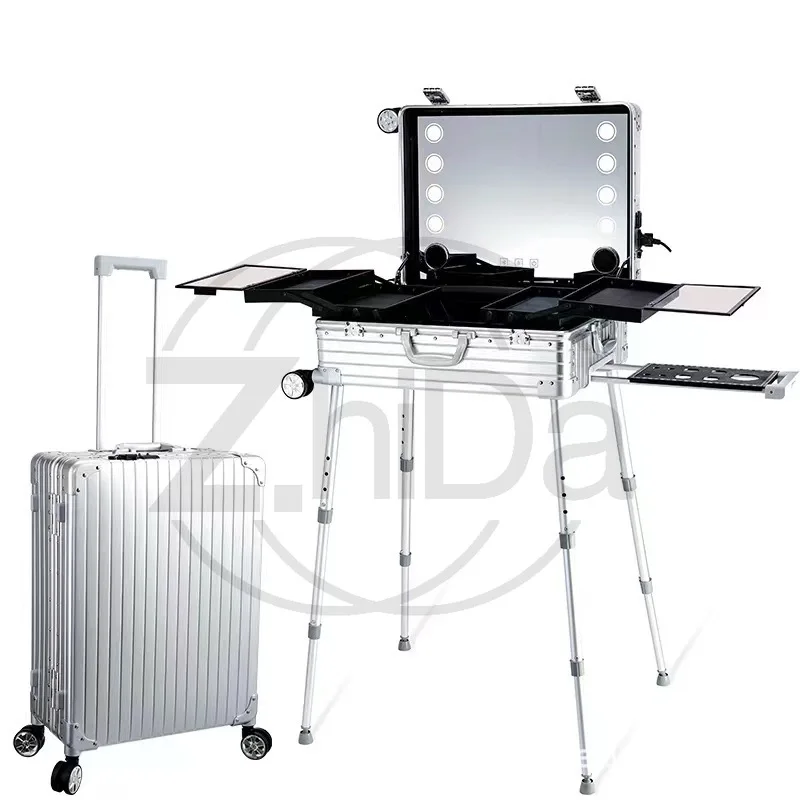 Aluminum Magnesium Alloy Rolling Makeup Trolley with Bluetooth Dimmable LED Mirror Large Capacity Cosmetic Case for Beauty Artis