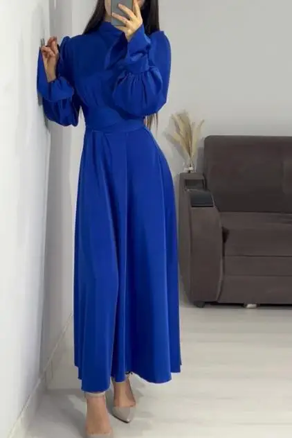 

2025 Long Sleeved Waist Cinching Slim Fitting Drape Dress for Autumn Women, Elegant Semi High Neck A-Line Long Sleeved Dress
