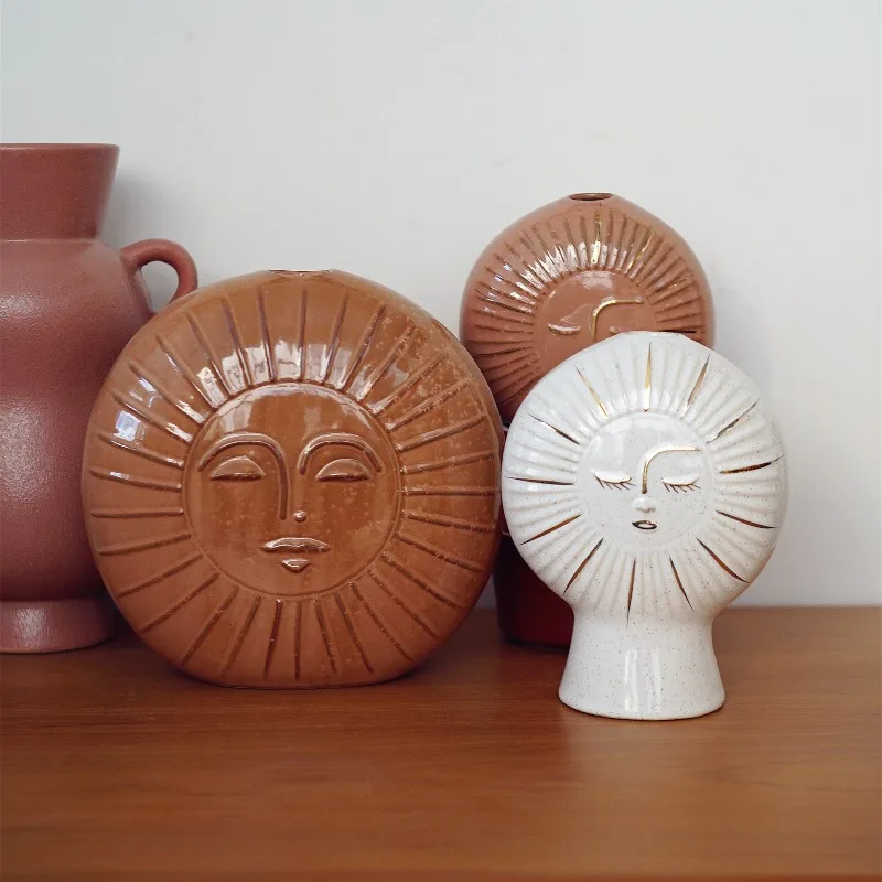 Creative Sun Face Ceramic Vase,Wabi Sabi Style Vase Ornament,Living Room Bedroom Desktop Art Decoration Nordic Style Home Decor