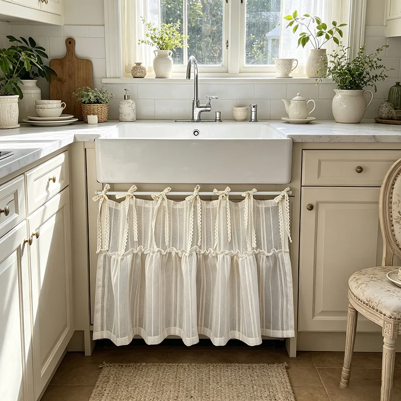Japanese Striped Imitation Linen Ruffled Sheer Half Curtain Beige Hollow Lace Tie Top Design Small Curtain For Kitchen Cabinets