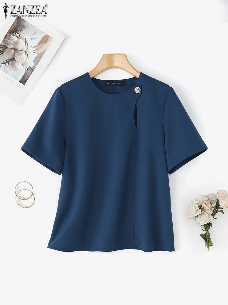 

Летняя модная рубашка ZANZEA 2024, элегантная женская рабочая блузка, однотонные офисные топы, повседневная туника с круглым вырезом и короткими рукавами, Femme Oversize
