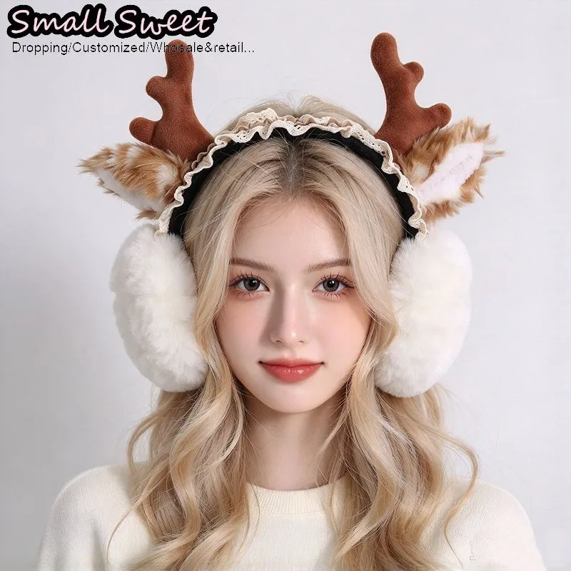 New Year Deer Forest Style Headband Girl Lolita Christmas Ear Warmers Elk Antler Ear KC Soft Foldable Easy Storage Ear Covers