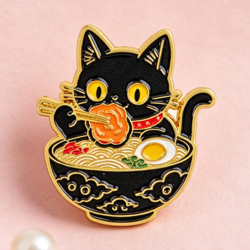 Cute Black Cat Eating Noodles Enamel Pin Lovely Animal Lapel Badge Backpack Clothes Decor Metal Brooch Daily Jewelry Gifts view 3
