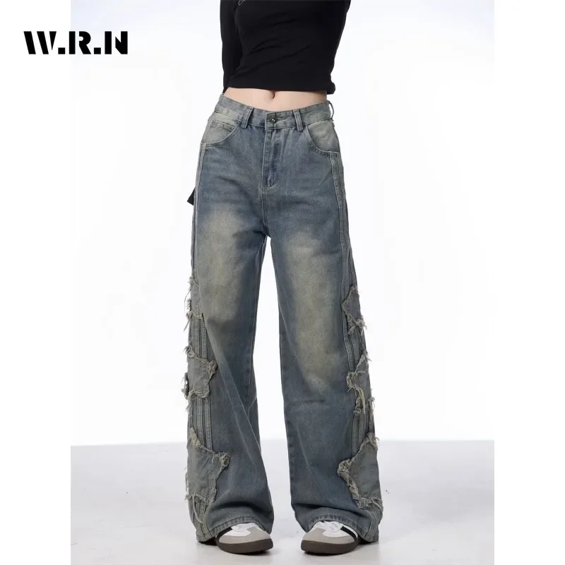 Women's Casual Tassel Harajuku Punk Baggy Jeans Vintage Aesthetic Mopping Loose Washed Pants Y2K Wide Leg Denim Trouser