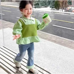 Girl's Shirt Set, Girl's Denim Bell Bottom Pants, Baby's Color Blocked Lotus Leaf Fake Two-piece Long Sleeved Two-piece Set