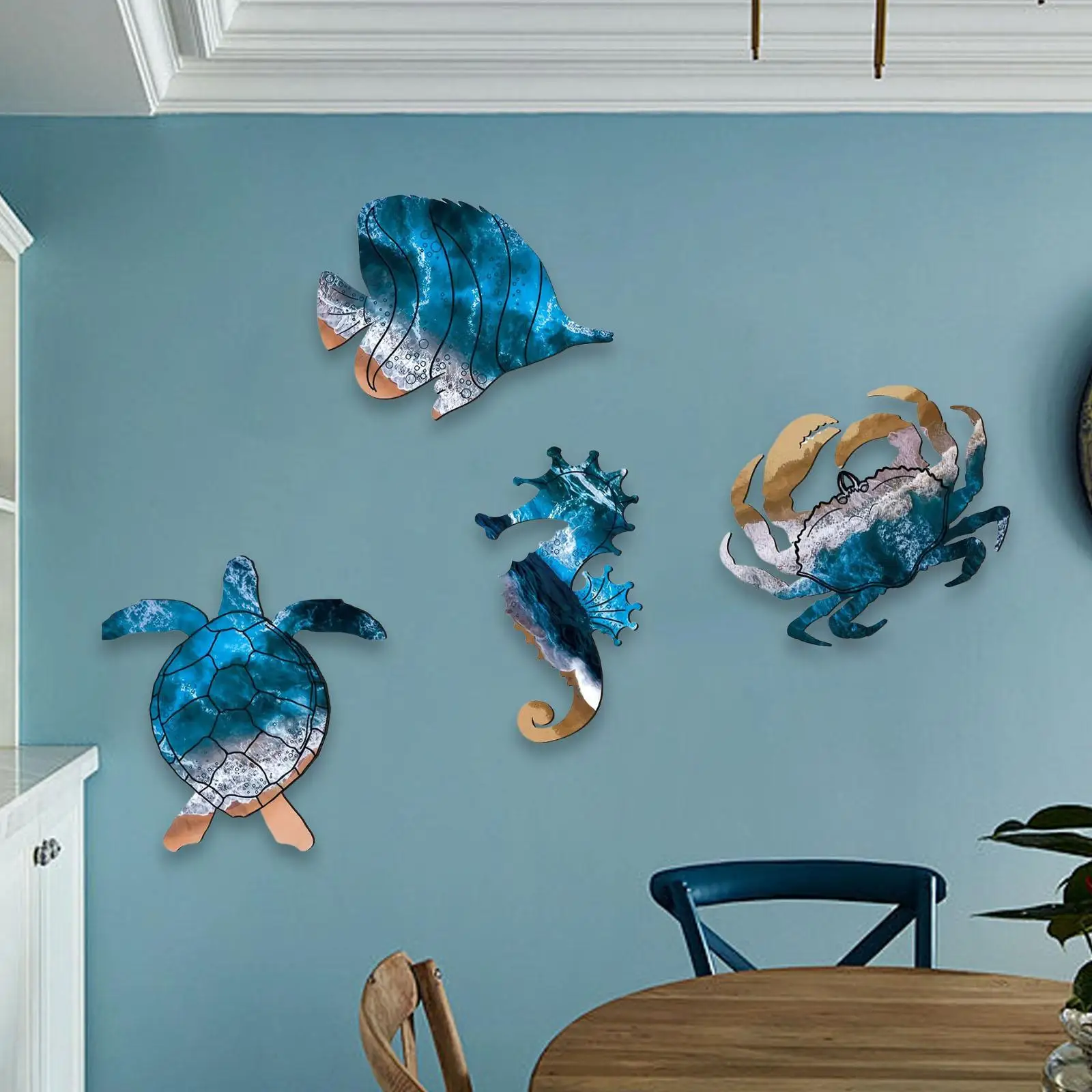 4x Sea Turtle Seahorse Crabs Fish Wall Decor Nautical Theme Bathroom Hanging Decoration for Dining Room Home Kitchen Hallway