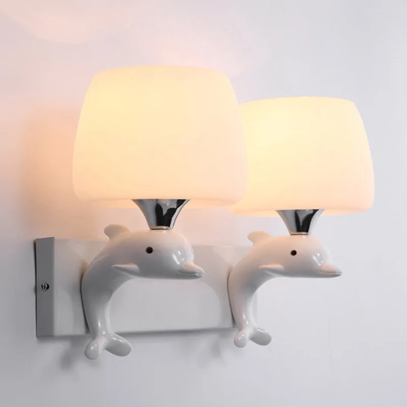 Milk White Glass Wall Lamp Creative Resin Dolphin Sconce Hotel Cafe Bakery Aisle Living Room Bedside Single Double Head Lighting