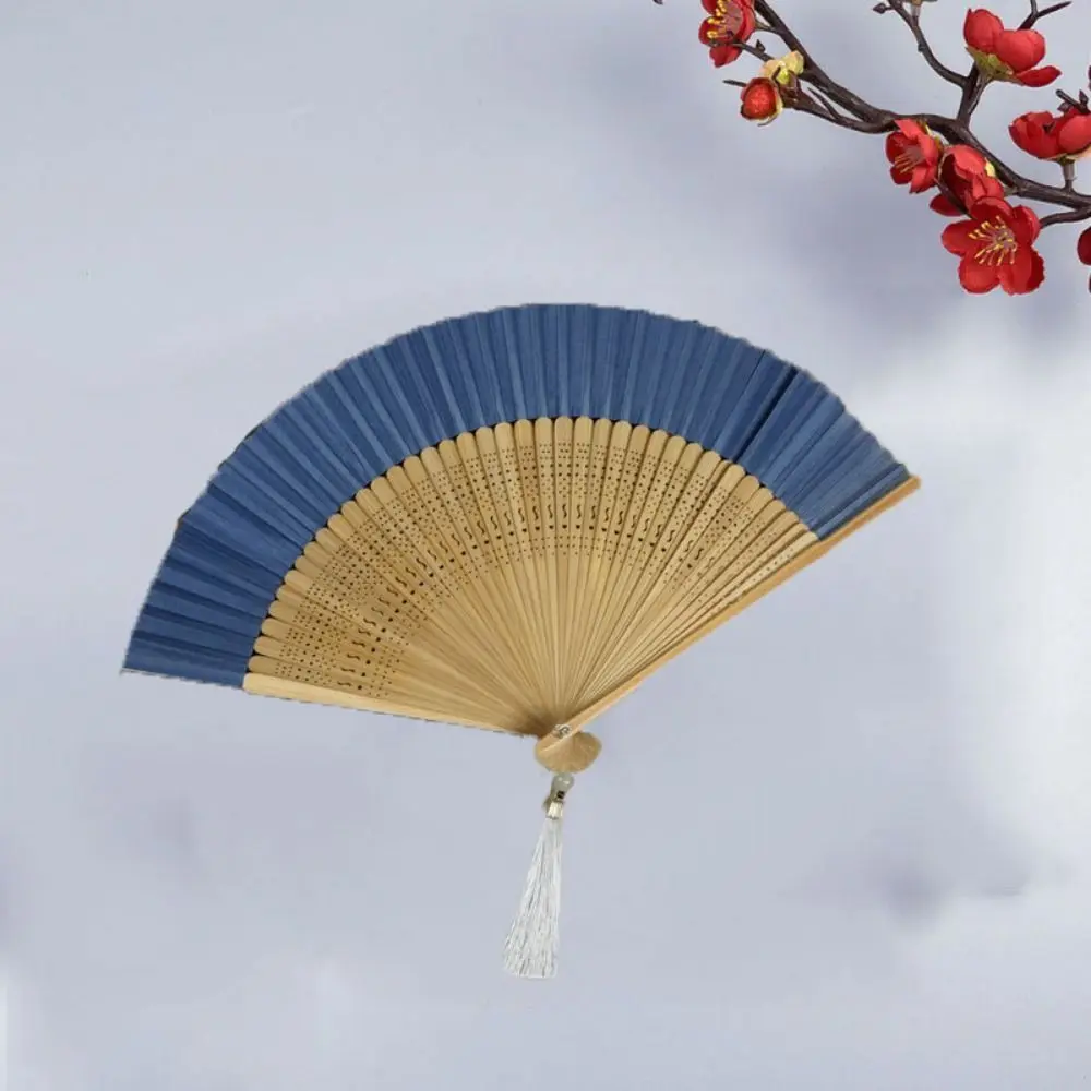 Portable Carved Handle Bamboo Folding Fan Handhold with Tassel Chinese Fan Vintage Dance Fan Ladies