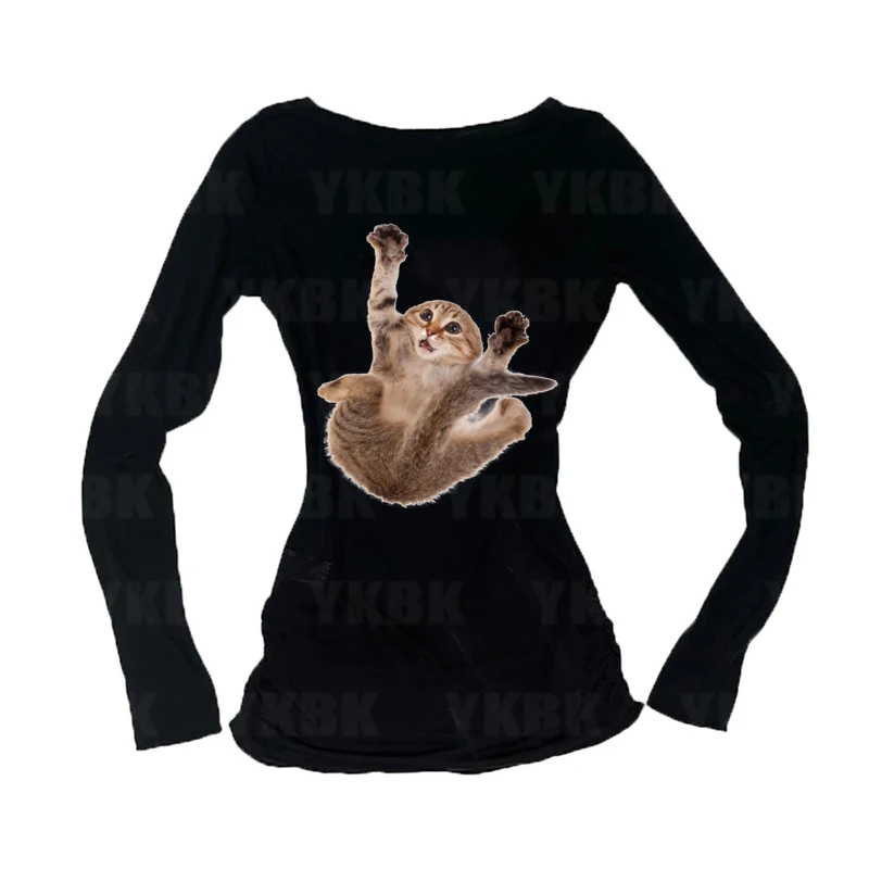 Frauen Harajuku Casual Y2k Grunge T-Shirts 2000er Jahre Druck Katze Kitty Ästhetik Schwarz Rundhals Tops Street Fashion Mädchen Goth T-shirt