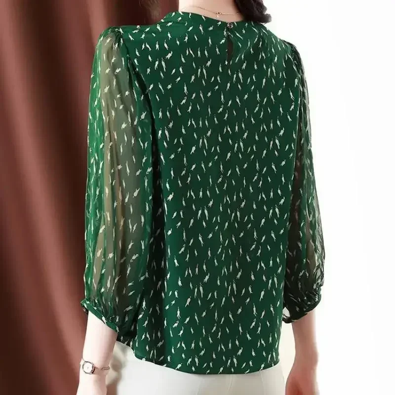 Chemise élégante en mousseline de soie imprimée, col rond, manches trois quarts lanternes, pull ample, vêtements pour femmes, nouvelle collection été 2024