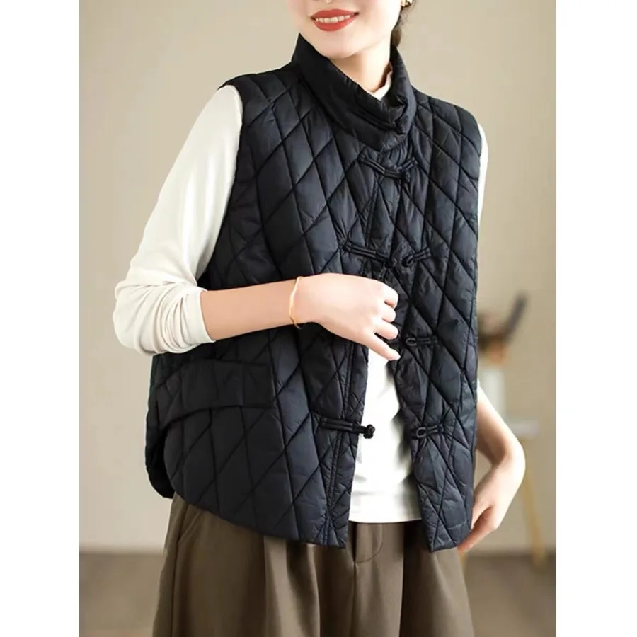 

Women's Retro Ethnic Sle Button up down Jaet Quilted White Du Feather Vest Warm Versatile Outerwear Faionable Commute