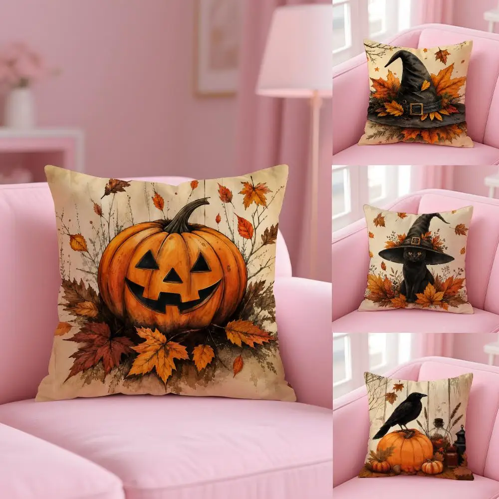 Halloween Raven Witch Hat Cushion Cover Soft Short Plush Double-Sided Printing Home Decor Machine Washable Pillow Case Gift