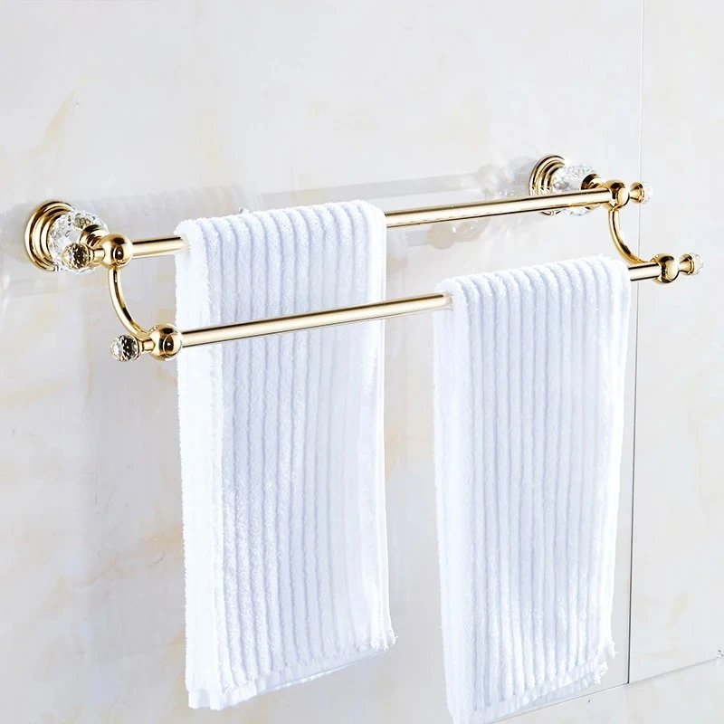 

‌Venetian Crystal Towel Rack Dual Bar Solid Brass Bathroom Holder Luxury Gold Finish Hotel Spa Organizer with No Drill Mounting‌