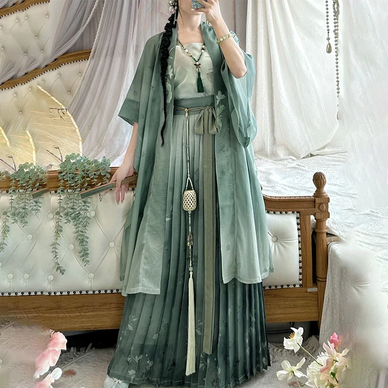 

Summer New Hanfu Long Coat&strap&skirt Green New Chinese Style Hanfu Dress Women Elegant Han Clothes Flower Print Costumes