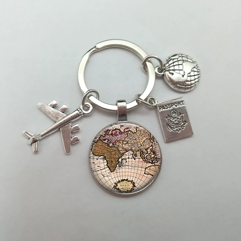 new world map keychain travel exploration exploration glass dome convex plane charm pendant keychain men and women gifts