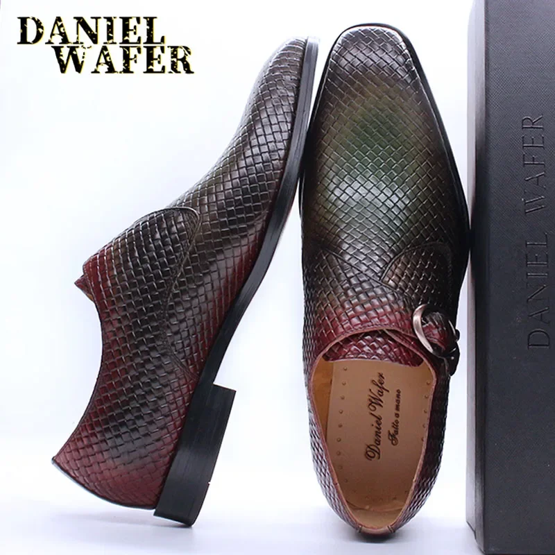 Luxury Men's Genuine Leather Loafers Slip-On Monk Strap Shoes - Casual Office Business Wedding Mix Color Black - view 6