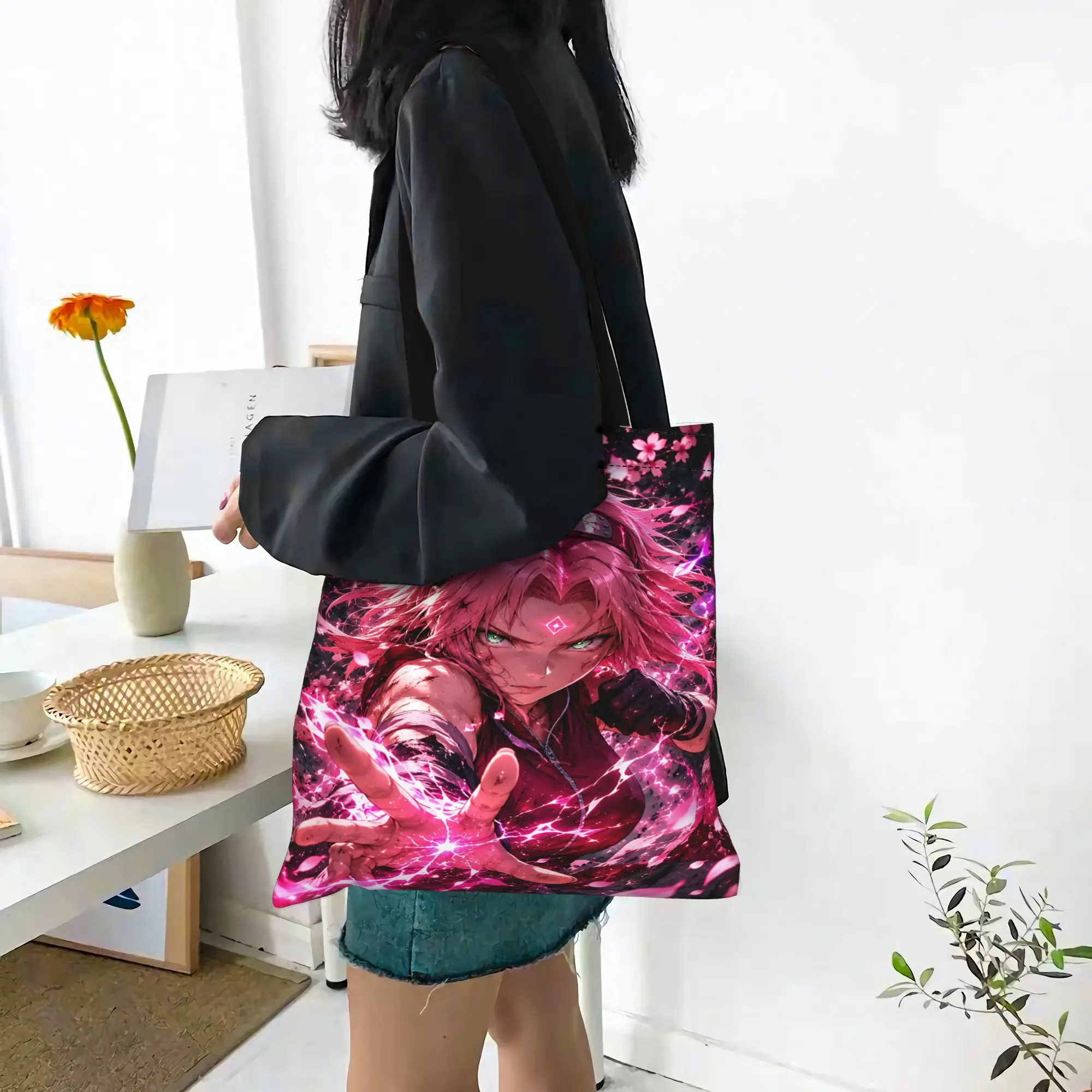 Fashion Naruto Anime Theme Women's Bag Shopping Bag Sakura Canvas Tote Bag Women'S Shoulder Handbag Christmas Gift