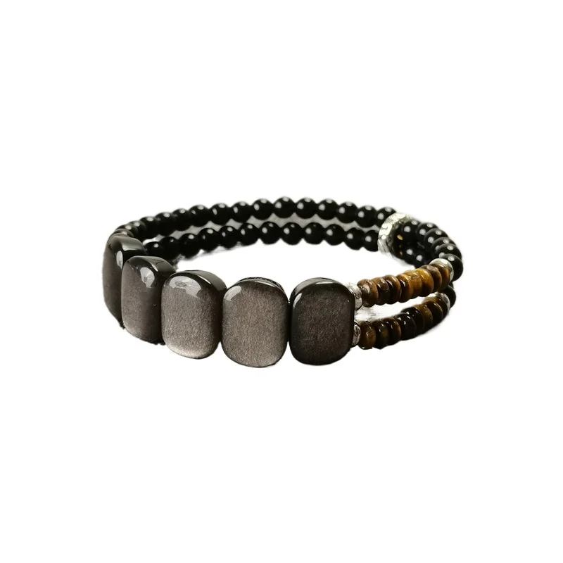 

Cat's eye natural obsidian silver obsidian double-layer bracelet niche retro trend jewelry