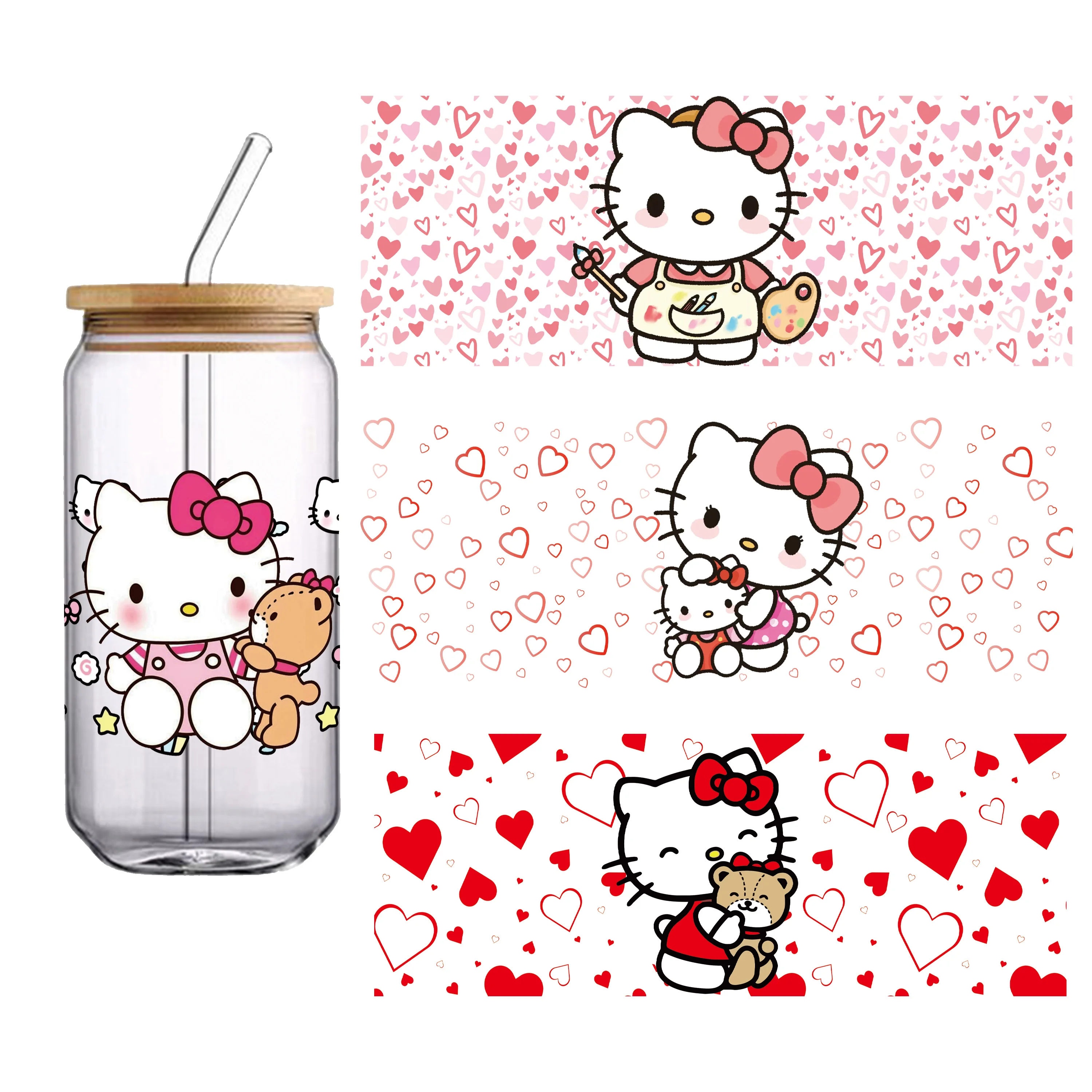 سانريو مرحبا كيتي 16 أوقية UV DTF كأس يلتف زجاجة ملصق للزجاج Libbey يمكن زجاجة ذاتية اللصق قابل للغسل مقاوم للماء لتقوم بها بنفسك مخصص #5
