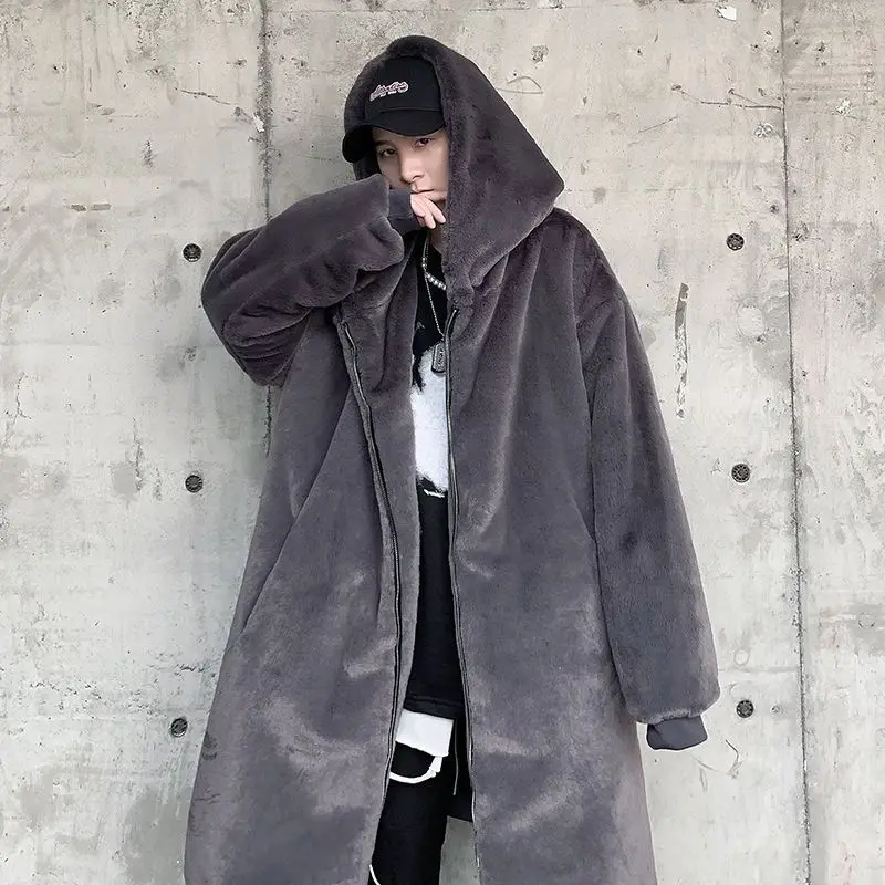 Winter coat, men\'s trench coat, medium length fashionable faux fur coat, winter cotton insulation, hooded cotton jacket