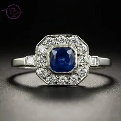 Vintage Aquamarine Ring for Women Men 5x5MM Blue Zircon 925 Silver Original Rings Unique Luxury Birthday Gift Fine Jewelry