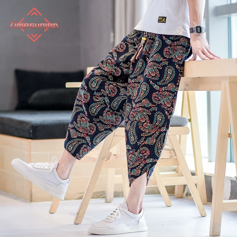 Chinese Style Printed Casual Cotton Linen Pants for Men Summer Cool Comfortable Loose Plus Size Harem Pants Woman