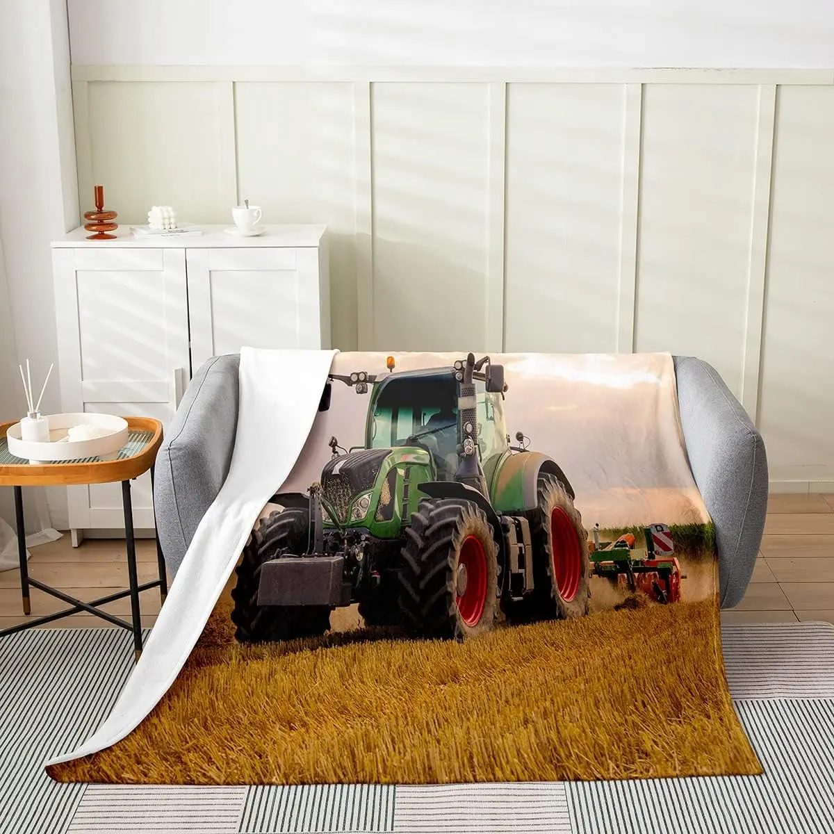 Tractor Fuzzy Blanket Farm Equipment Trucks Flannel Fleece Throw Blanket Construction Car Machinery Truck All Season Bed