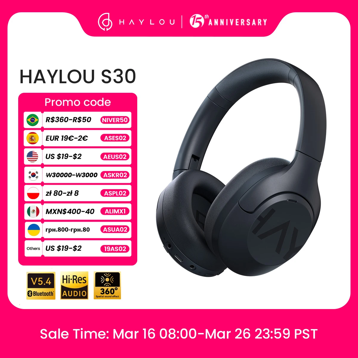 HAYLOU S30 Wireless Bluetooth 5.4 Headphones 43dB Adaptive Noise Cancelling Headsets 40mm Driver 80H Playtime Earphones