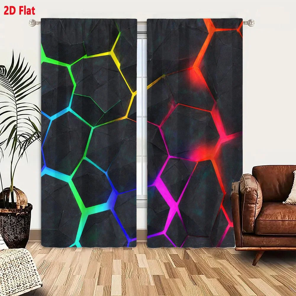 2Pcs Curtains 2D Flat Dark Cracked Stone Background With Neon Glowing Lines Geometric Cellular Pattern Modern Abstract Design Wi
