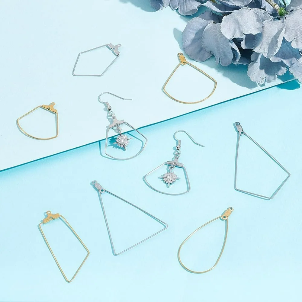 About 32Pcs 8 Style 2 Colors Stainless Steel Hoop Earring Findings Teardrop Fan Rhombus Triangle Wire Hooks Pendants Geometric