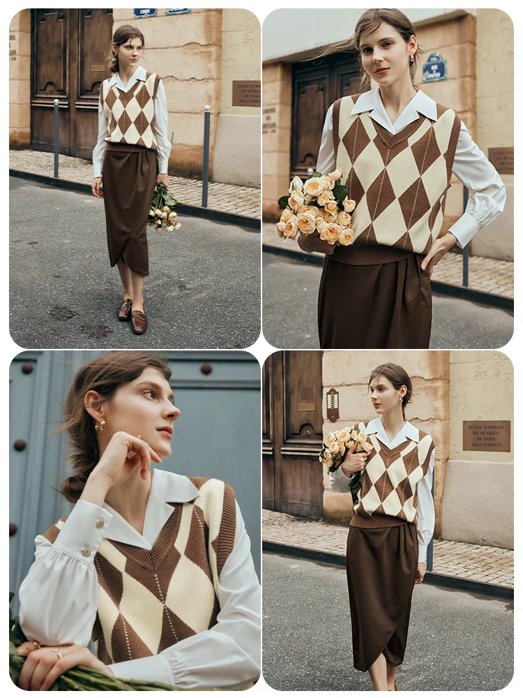 

OLrain Women Argyle Knitted Sweater Vest 2025 Autumn French Vintage Sleeveless V-neck Tops Woman Knitwear Clothing N56QM66592