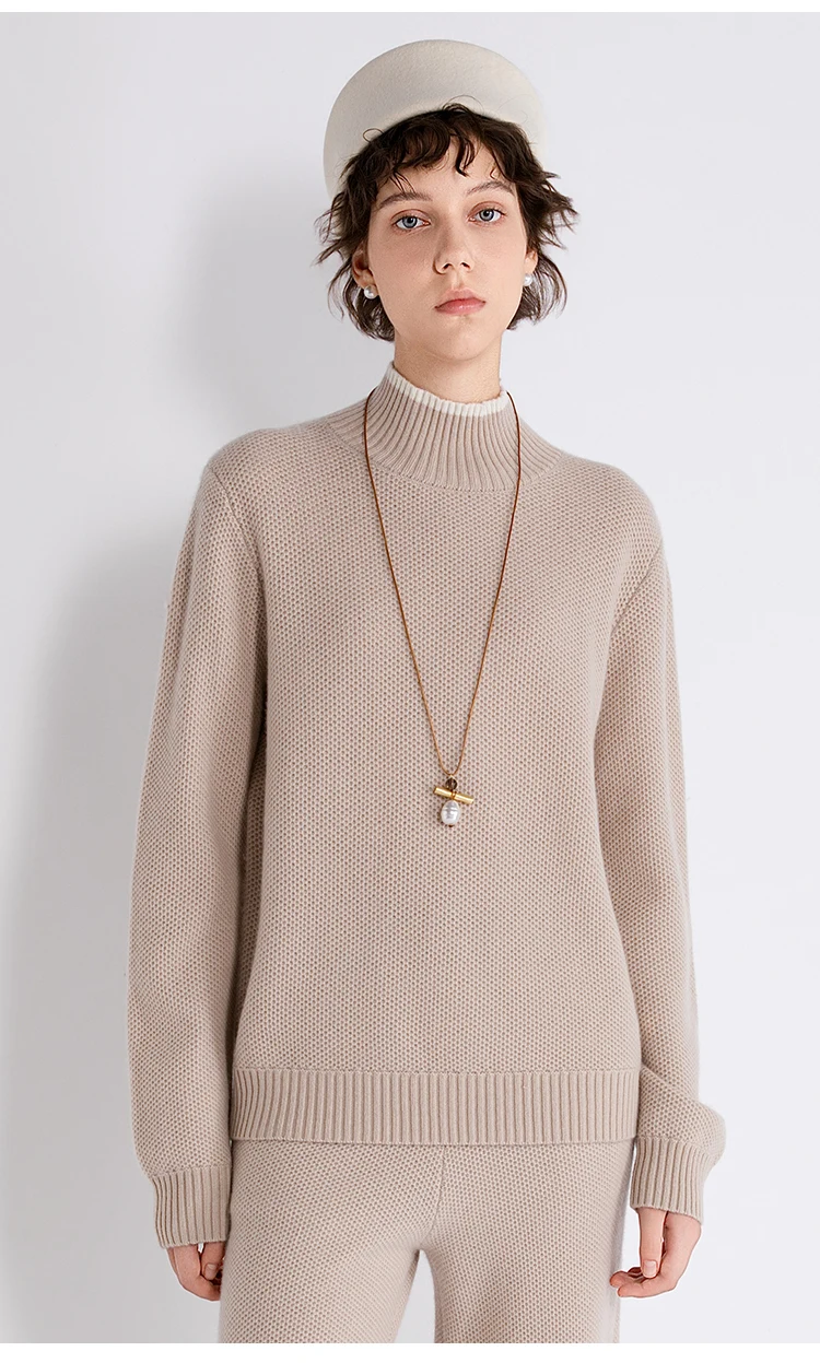 TX862184 Damen-Woll-Kaschmir-Mischung Pullover mit Stehkragen, geripptem Saum, entspannter Passform, LP Quiet Luxury, Frühherbst – Detail 5