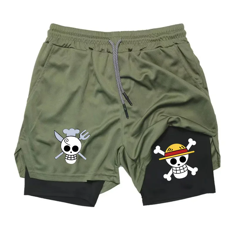 

One Piece Luffy Sanji 2-in-1 Double-Layer Shorts Men's Gym Shorts Anime Quick-Dry Breathable Running Training Fitness Sports Sho