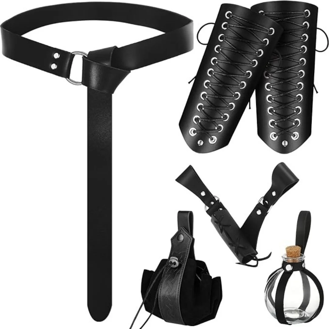 Renaissance Costume Belt Pouch Bracers Vial Potion Bottle Leather Keyring Hook LARP Cosplay Retro Ren Faire Festival Dress Belt