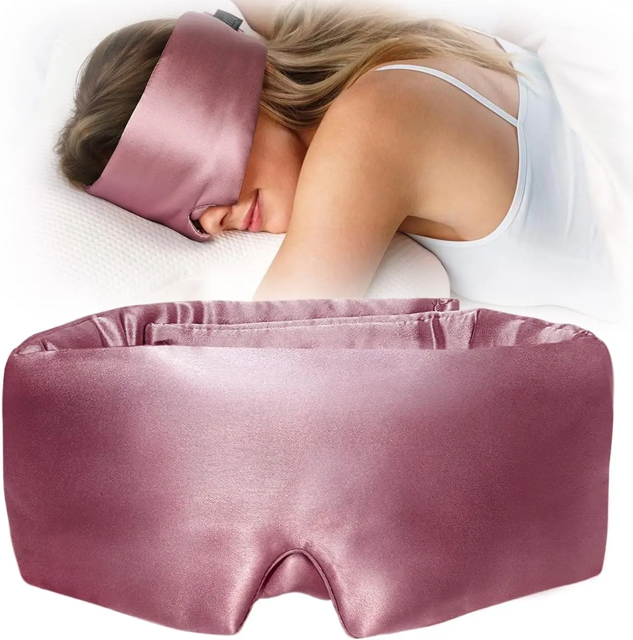 

22 Momme 6A Grade Mulberry Silk Sleep Mask, Total Blackout Eye Mask for Side Sleeper, Adjustable Band, Pink