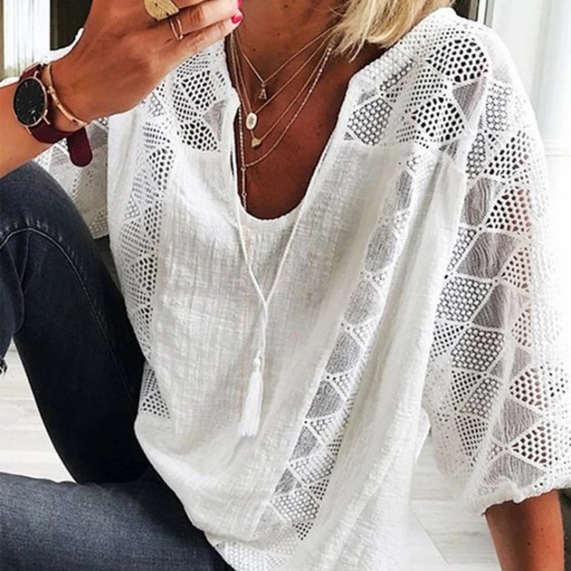 Fashion Hollow Out Tops 2023 Summer V-neck Short Sleeve Cotton White Shirt Women Casual Loose Stitching Lace Blouse Blusas 24294