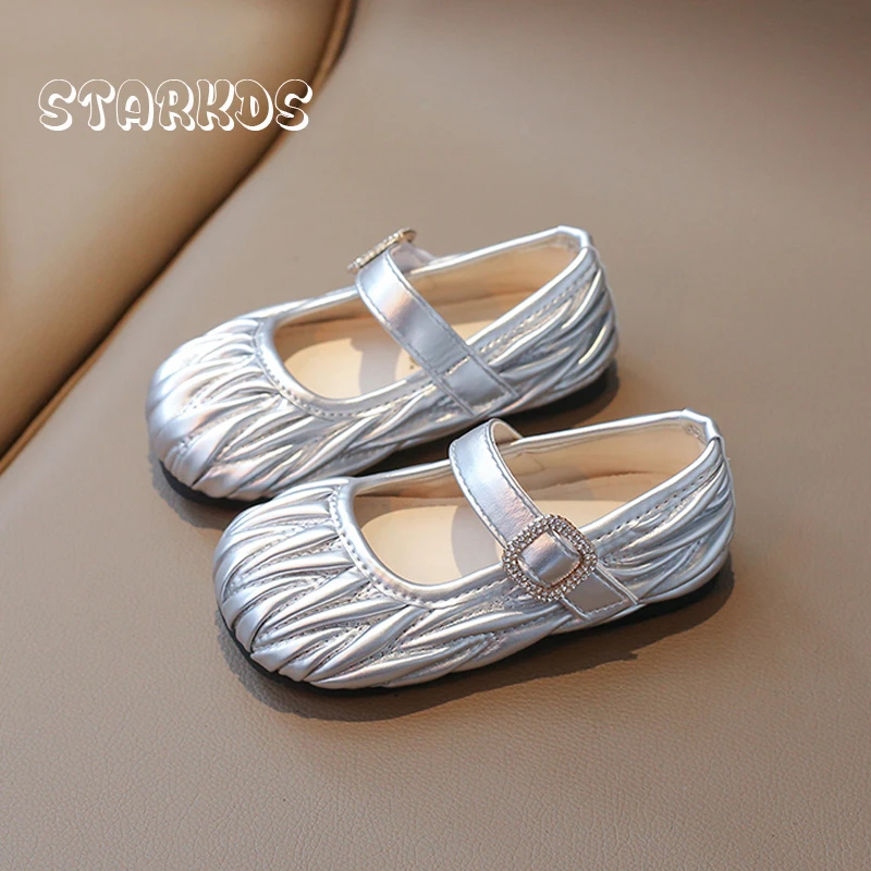 Brand Design Pleats Ballet Flats Baby Kids Luxury Rhinestone Buckle Strap Mary Jane Shoes Toddler Girls Silver Princess Zapatos