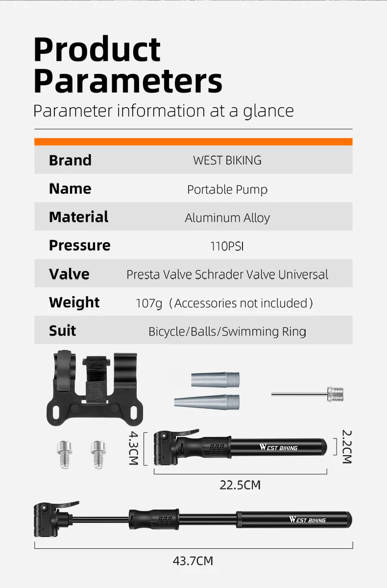 WEST BIKING Tragbare Fahrradpumpe, Mini-Fahrradreifenfüller mit verstecktem Schlauch für Presta- und Schrader-Ventile, Zubehör für Rennrad und Mountainbike – Detail 4