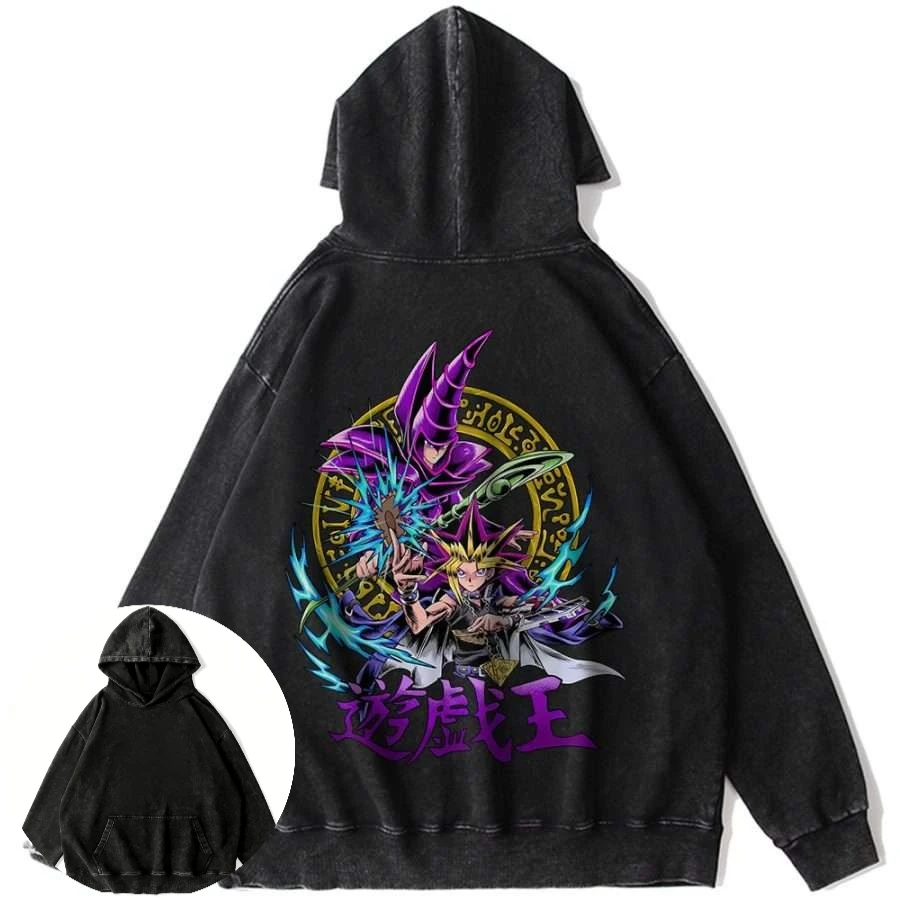 

Men's Vintage Washed Black Cotton Hoodie with Anime Yu-Gi-Oh! Dark Magician and Blue Eyes White Dragon Back Graphic Loose