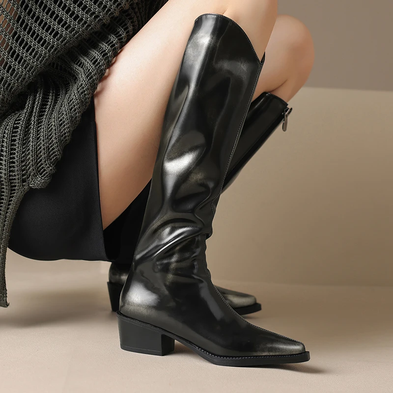 Retro Polished Western Cowboy Boots Pointed Toe Square Heel Thin Heel Heightening Knight Boots Zipper Sexy Women's Boots