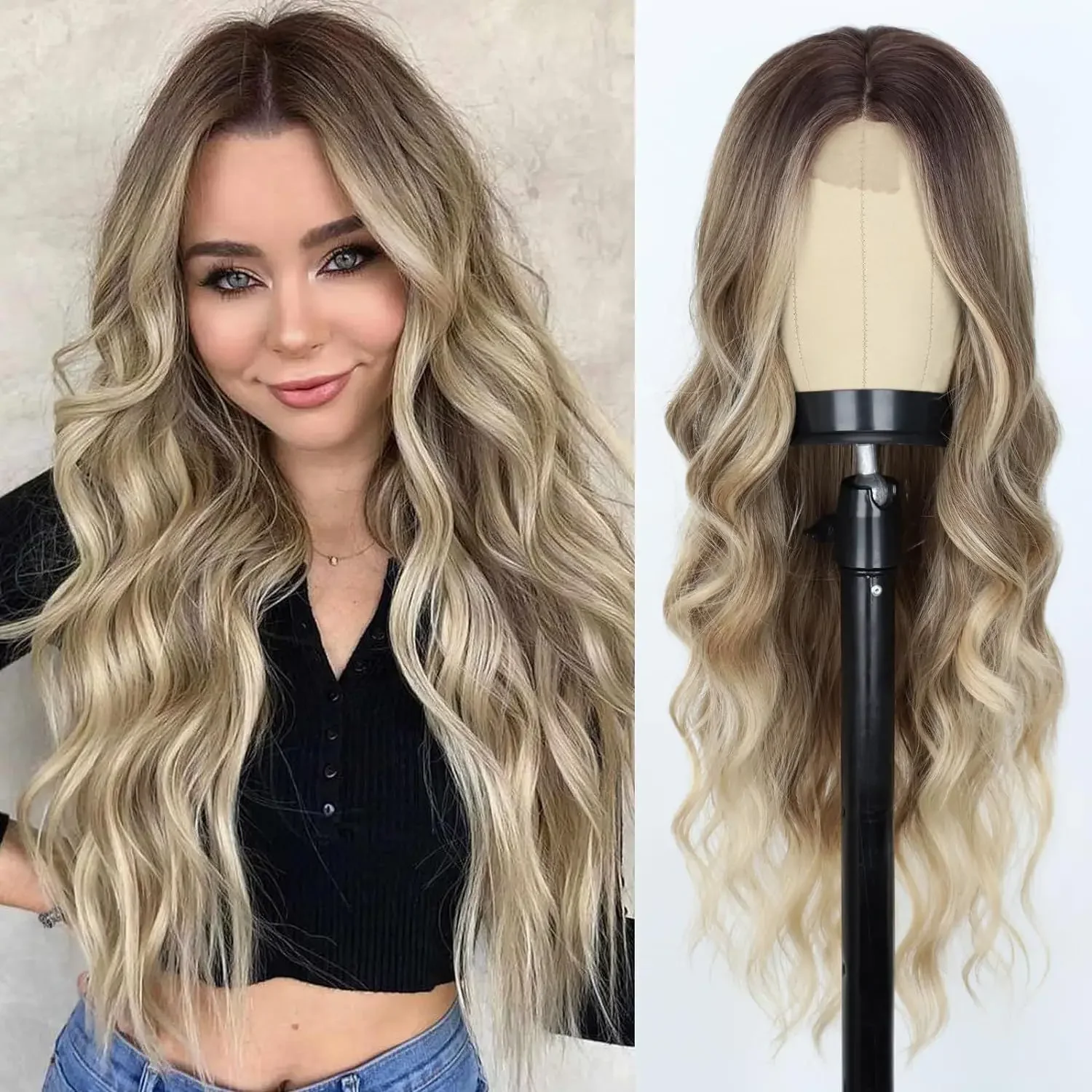 

Wholesale 28 Inch 70cm 280g Body Wave Front Lace Wig With Center Part Synthetic Hair For Women Ombre Platinum Blonde Brown Black