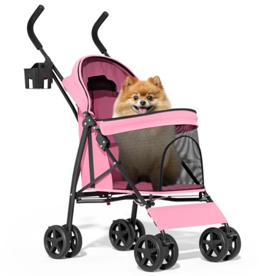 

Pet stroller for small/medium pets up to 22 lbs, pink polyester with breathable mesh, easy-fold design, includes sun cover, pad